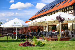 004 .letnia sceneria tarasu z rabata kwiatowa i budynkiem posrod zieleni restauracja dwa jeziora kal wegorzewo mazury