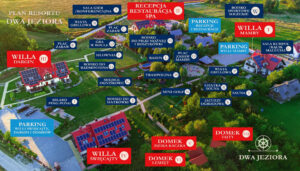 008 plan resortu mapa obiektu z atrakcjami recepcja restauracja spa i domki ostoja dwa jeziora kal wegorzewo mazury