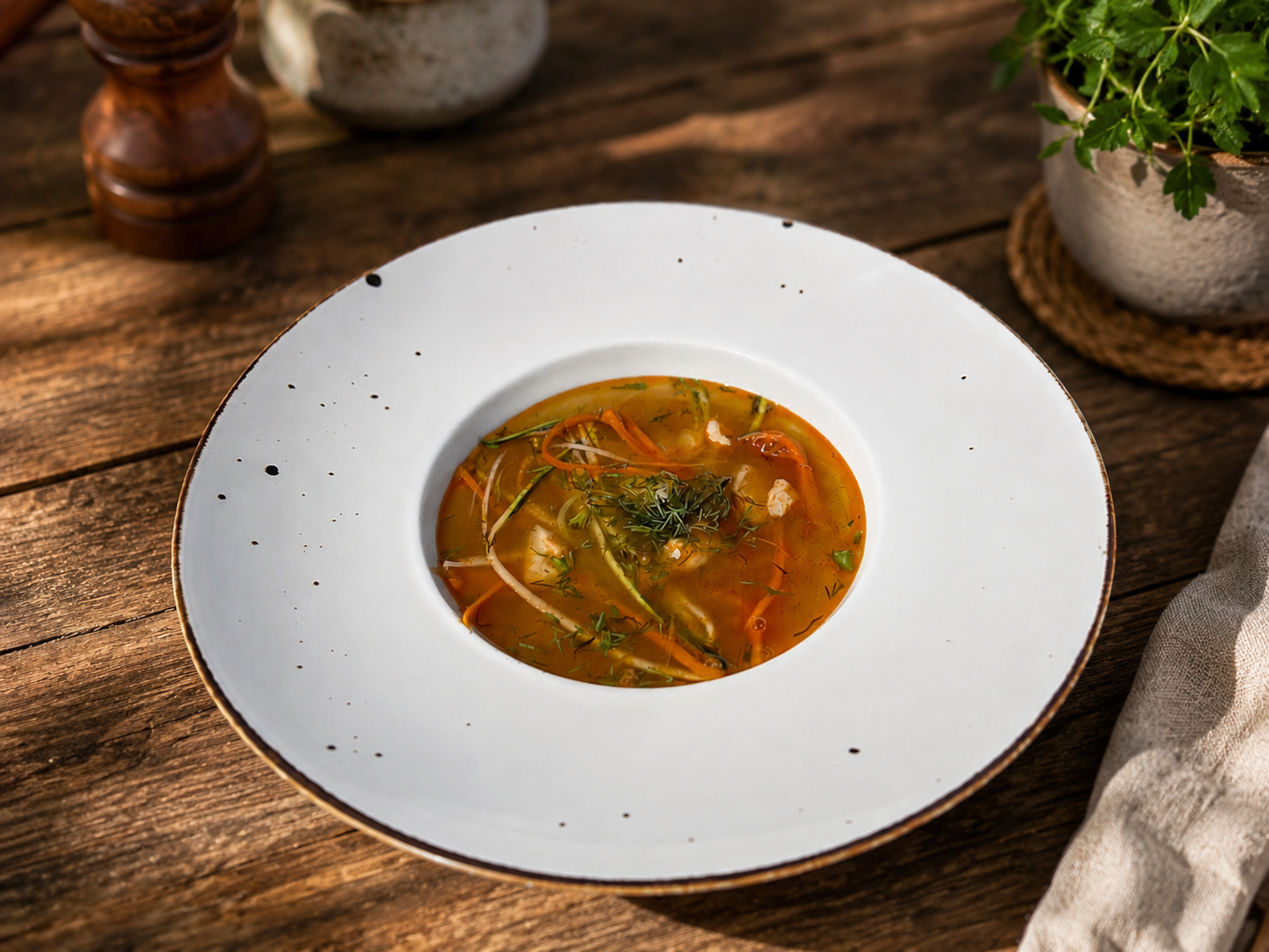 Zupa rybna serwowana w restauracji Qchnia Dwa Jeziora