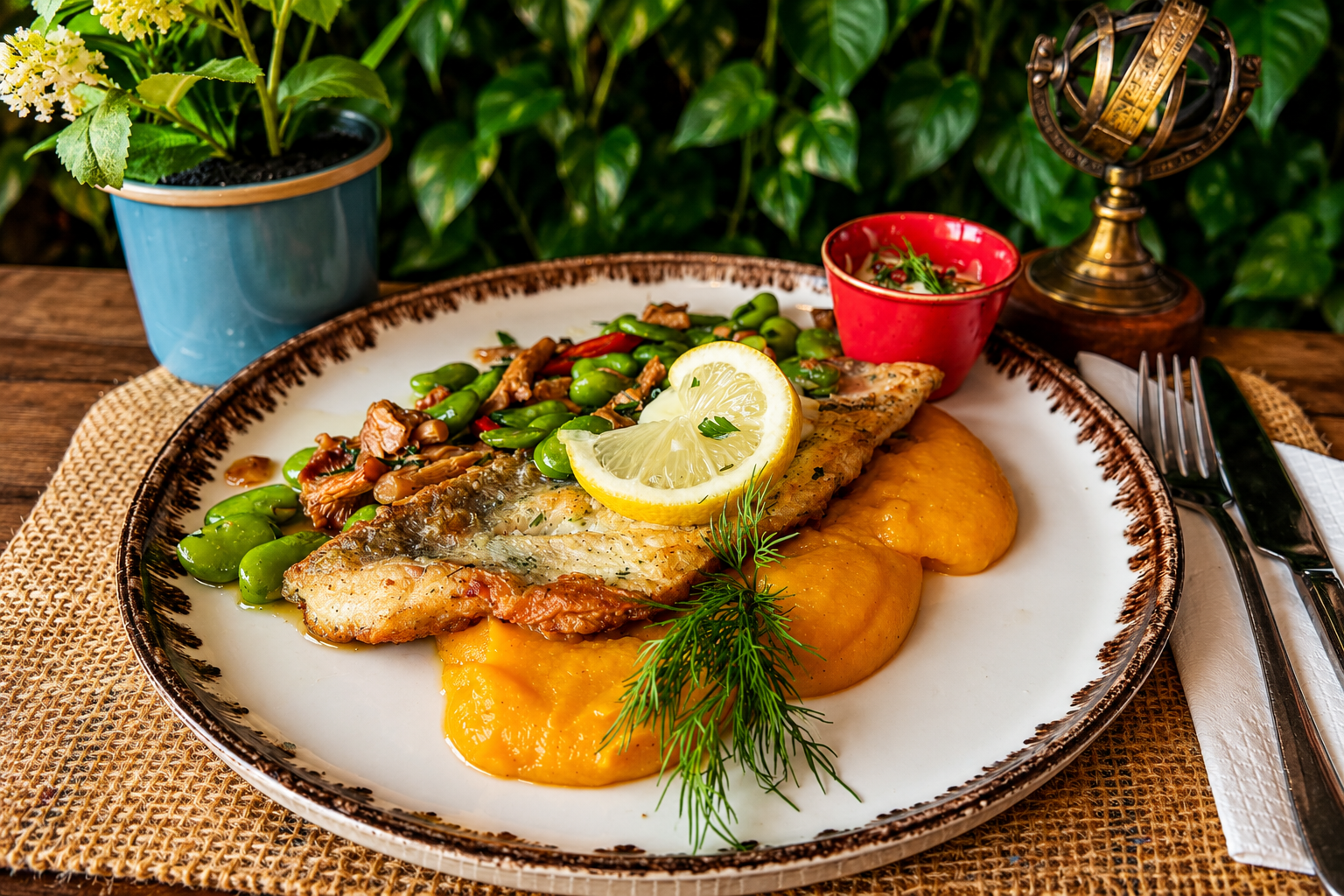 Pieczony pstrąg z dodatkami w restauracji Qchnia Dwa Jeziora
